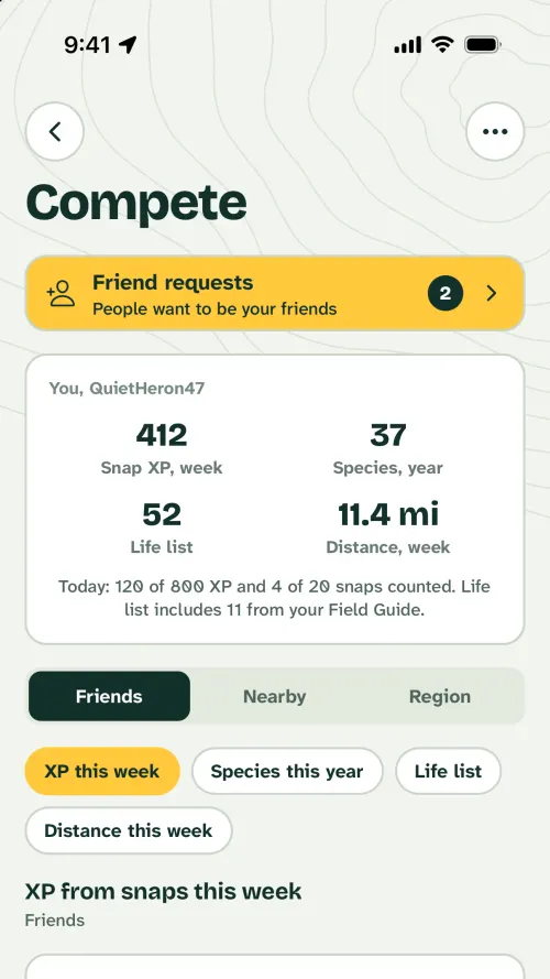 The Compete screen: your week's snap XP, species and distance, and a friends leaderboard