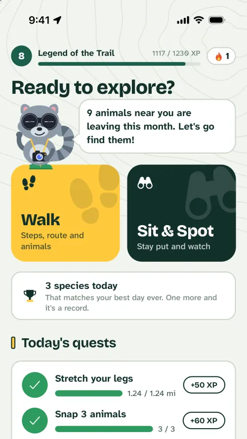 Wildmiler's Home screen: Walker the raccoon asks if you're ready to explore, above a yellow Walk tile and a Sit and Spot tile