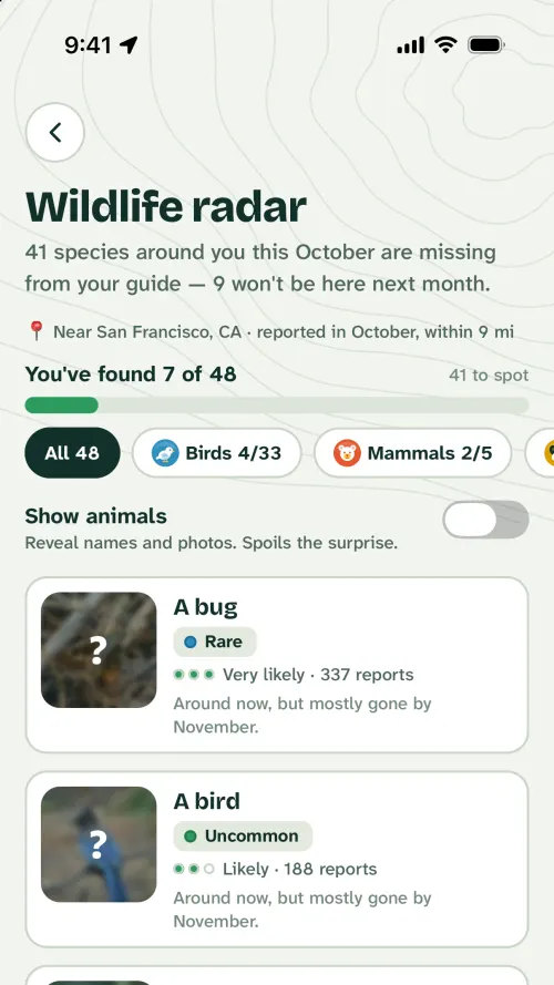 The wildlife radar: species reported nearby this month, kept hidden until you find them, each with how likely you are to see it