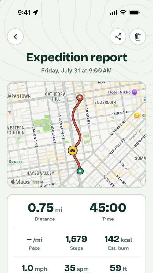 A walk summary: the route on a map with a snap along the way, then distance, time, steps and calories